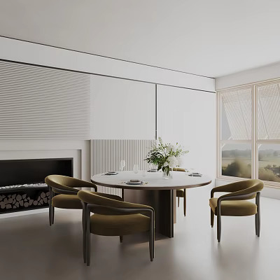 Modern Minimalist Dining Table Set with Round Top Velvet Chairs Floral Arrangement Fireplace Window Blinds 3d model