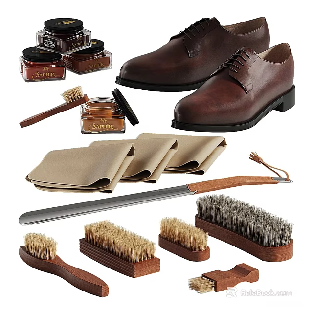 Brown Leather Shoes with Shoe Polish Brushes and Cleaning Cloths for Effective Shoe Care 3d model 