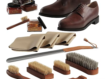 Brown Leather Shoes with Shoe Polish Brushes and Cleaning Cloths for Effective Shoe Care 3d model