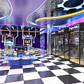 Vibrant Arcade Amusement Park Interior With Neon Lights Checkerboard Floor Game Machines And Token Dispensers