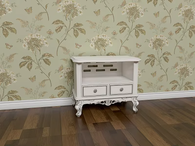 White TV Stand with Carved Legs Drawers and Open Storage Against Floral Butterfly Pattern Wallpaper and Wooden Floor 3d model