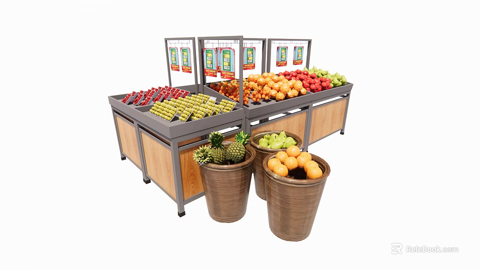 Grocery Store Display Shelves Stocked With Fresh Assorted Fruits And Wooden Bases 3d model 