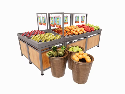 Grocery Store Display Shelves Stocked With Fresh Assorted Fruits And Wooden Bases 3d model