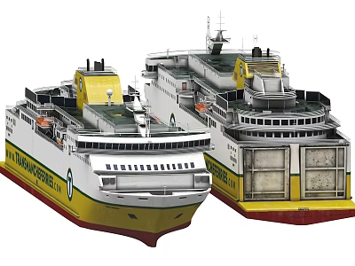 Two Modern Ferry Ships With Yellow And White Hull Design And Upper Decks 3d model