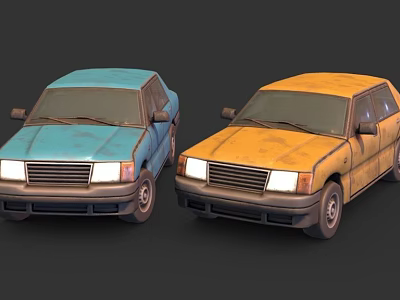Two Vintage Blue and Yellow Cars Parked Side by Side with Classic Design 3d model