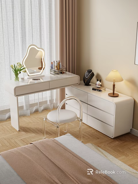 White Dressing Table With Irregular Mirror Cosmetics Organizer Table Lamp And Transparent Chair 3d model 
