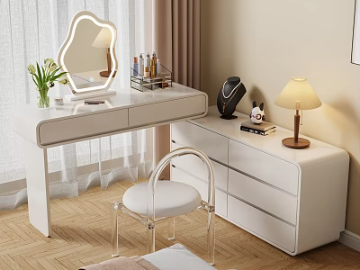 White Dressing Table With Irregular Mirror Cosmetics Organizer Table Lamp And Transparent Chair 3d model