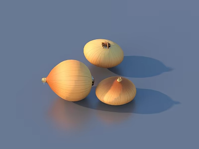 Three Fresh Ripe Yellow Onions Placed On Blue Background With Shadows 3d model