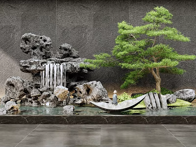 Garden Ornament Featuring Rockery Waterfall Green Pine Tree And Boat Shaped Decor 3d model