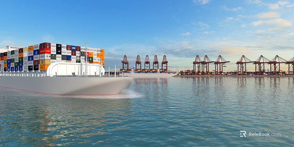 Fully Loaded Container Ship Sails Near Busy International Commercial Seaport With Large Port Gantry Cranes 3d model 