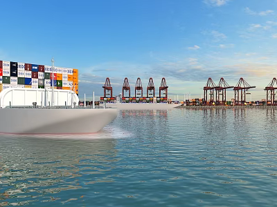 Fully Loaded Container Ship Sails Near Busy International Commercial Seaport With Large Port Gantry Cranes 3d model