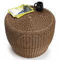 Rattan Leisure Chair with White Cushion and Side Table on Wooden Floor with Gray Wall