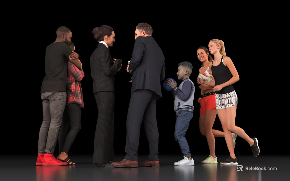 Diverse Group of People Interacting with Hugs Conversations Child Holding Ball and Sporty Women 3d model 