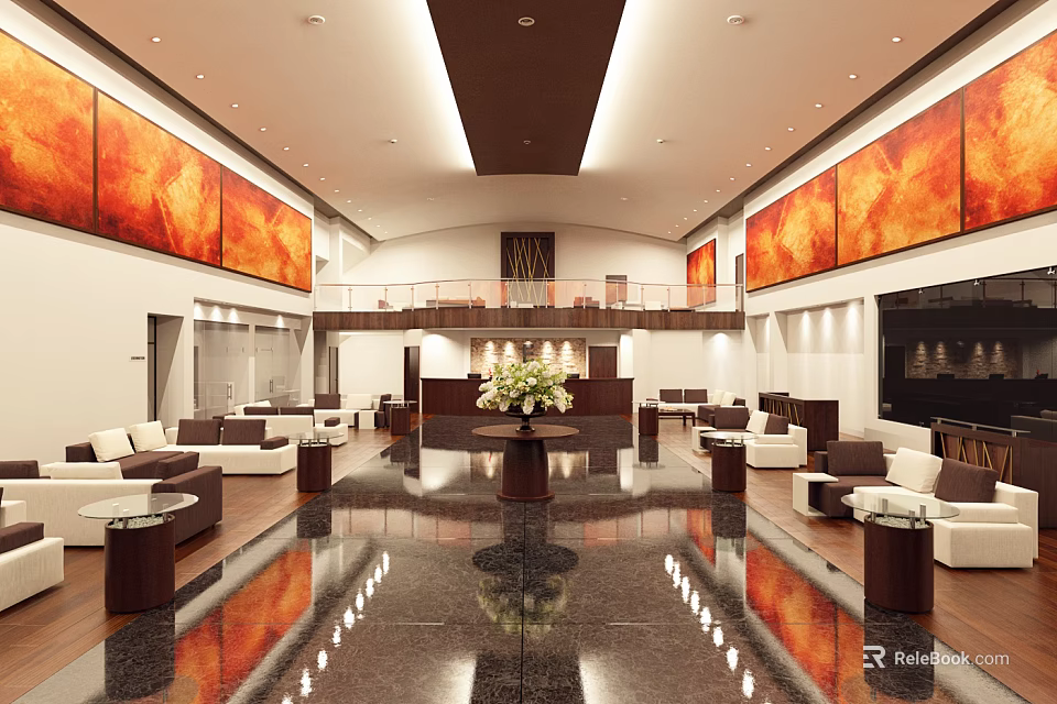 Luxurious Lobby Reception Desk With Orange Red Paintings Sofa Seating And Marble Flooring 3d model 