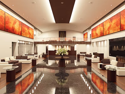 Luxurious Lobby Reception Desk With Orange Red Paintings Sofa Seating And Marble Flooring 3d model