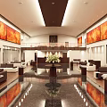 Luxurious Lobby Reception Desk With Orange Red Paintings Sofa Seating And Marble Flooring