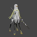 Game Movie Character In White Outfit Yellow Cape Black White Stripes And Spear Design
