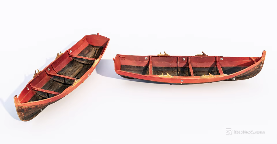 Two Vintage Red Wooden Boats with Classic Wooden Structure and Design 3d model 