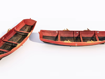 Two Vintage Red Wooden Boats with Classic Wooden Structure and Design 3d model