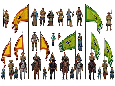Ancient Chinese Styled Game Film Characters With Flags And Soldiers 3d model