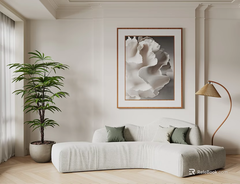 Curved Sectional Sofa With Green Cushions In Living Room With Shell Artwork And Floor Lamp 3d model 