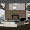 Modern Duplex Living Room Interior Design With White Sofa Fireplace Pendant Lights And Large Windows
