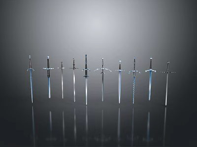 Various Medieval Swords with Different Designs Arranged in Display with Metallic Reflections 3d model