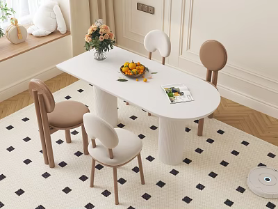 White Oval Dining Table Set With Four Brown White Chairs Flower Vase Fruit Bowl Rug 3d model