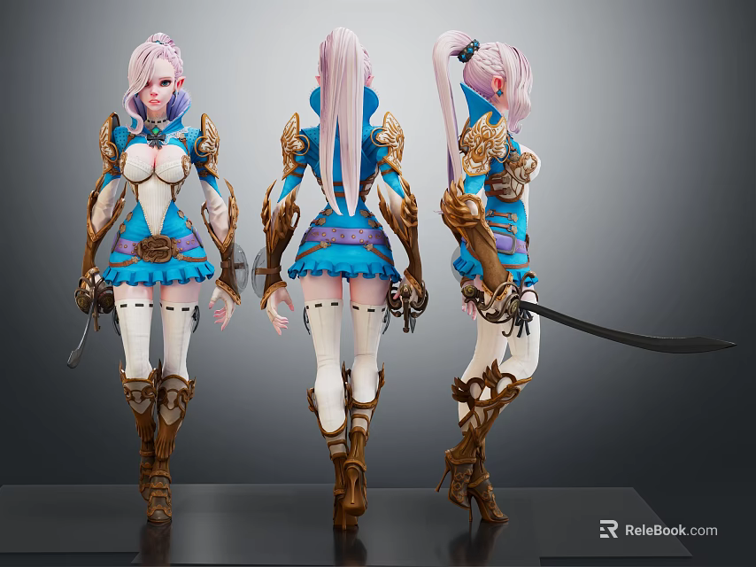 Pink Haired Female Character With Blue And Gold Armor Holding Sword Three Views 3d model 