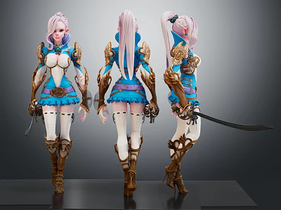 Pink Haired Female Character With Blue And Gold Armor Holding Sword Three Views 3d model
