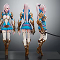 Pink Haired Female Character With Blue And Gold Armor Holding Sword Three Views