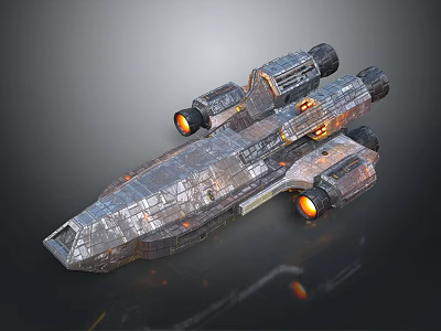 Sci-Fi Spaceship 3D Render With Metallic Texture And Orange Glow Engines 3d model