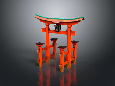 Traditional Japanese Torii Gate Architecture With Red Wooden Structure Green Roof And Decorative Beams 3d model