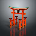 Traditional Japanese Torii Gate Architecture With Red Wooden Structure Green Roof And Decorative Beams