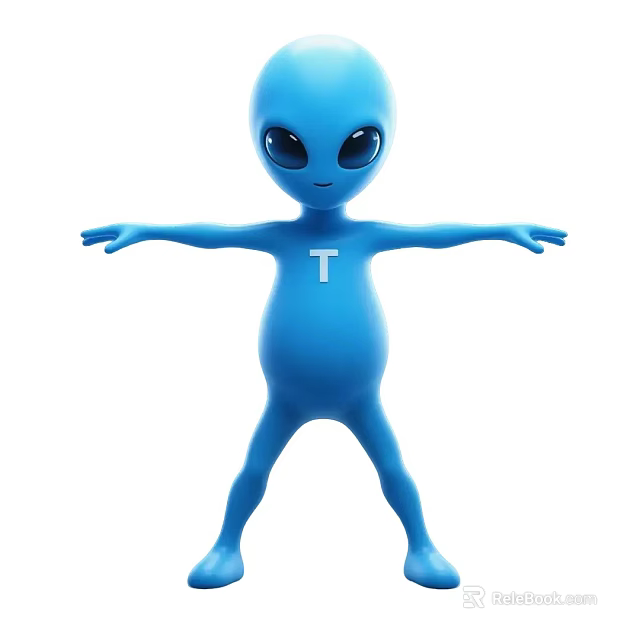 Blue Alien Game Movie Character With Large Eyes T Symbol On Chest Standing Pose 3d model 