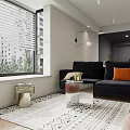 Modern Living Dining Room With Black Sofa TV Rug Bean Bag And Arched Doorway
