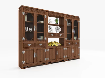 Brown Carved Bookcase With Glass Doors Drawers Plates Vases Green Plants And Books 3d model