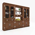 Brown Carved Bookcase With Glass Doors Drawers Plates Vases Green Plants And Books