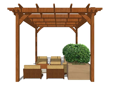 Wooden Pergola With Outdoor Sofa Seating And Green Plant In Leisure Area 3d model