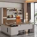 Modern Office Desk With Wooden White Design Bookshelf Green Plants Laptop And Lamp