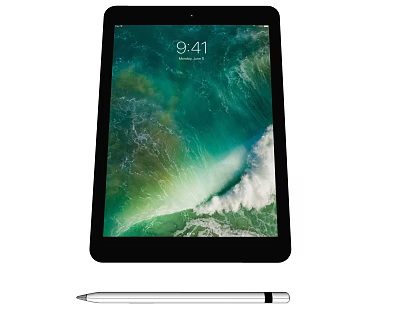 Modern Tablet with Stylus Pen Ocean Wave Wallpaper and Time Date Screen 3d model