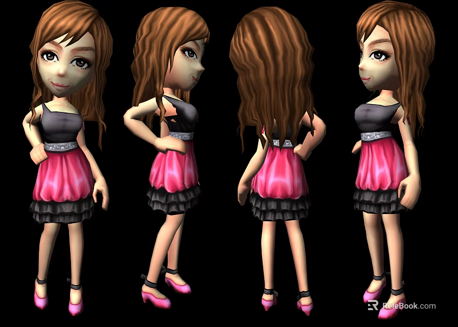 Game Movie Character Long Brown Hair Black Top Pink Skirt Pink High Heels Four Views 3d model 