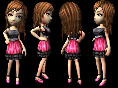 Game Movie Character Long Brown Hair Black Top Pink Skirt Pink High Heels Four Views 3d model