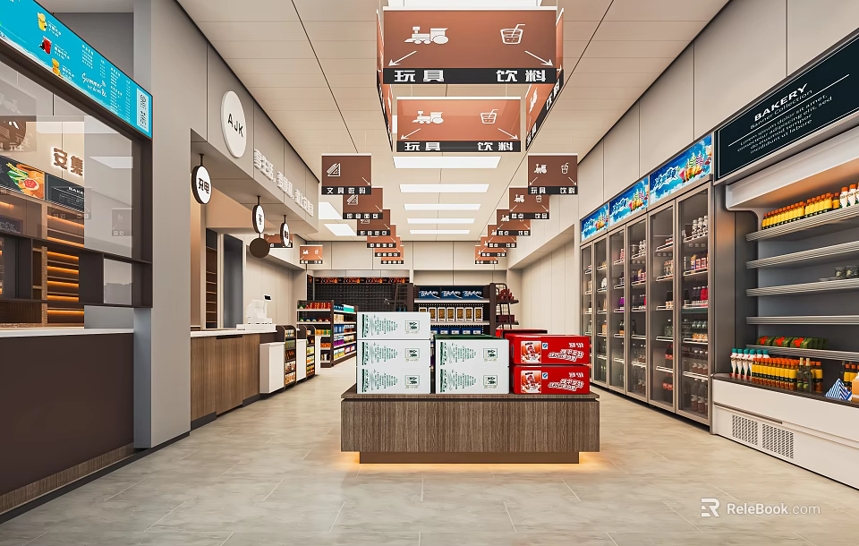 Supermarket Department Store Interior With Shelves Refrigerated Cases Products Checkout Counter And Signs 3d model 