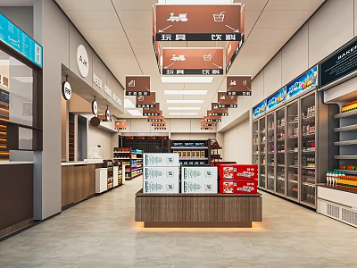 Supermarket Department Store Interior With Shelves Refrigerated Cases Products Checkout Counter And Signs 3d model