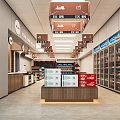 Supermarket Department Store Interior With Shelves Refrigerated Cases Products Checkout Counter And Signs
