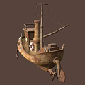 Fish Shaped Sailboat With Large Eyes Sharp Teeth Rusty Metal Small Windows Chimney And Lifebuoy