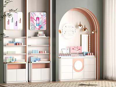 Elegant Modern Display Shelves For Cosmetics With Curved Arch Pink Accents And White Cabinets 3d model