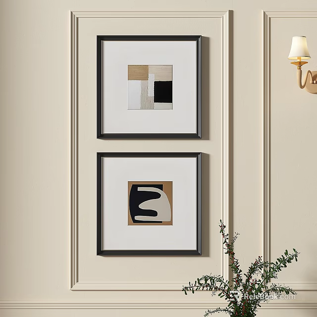 Two Framed Abstract Paintings Hanging On Beige Wall With Wall Lamp And Green Plant 3d model 