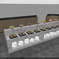 Modern Buffet Dining Table With Marble Countertop Wooden Accents Stacked Plates And Round Mirrors